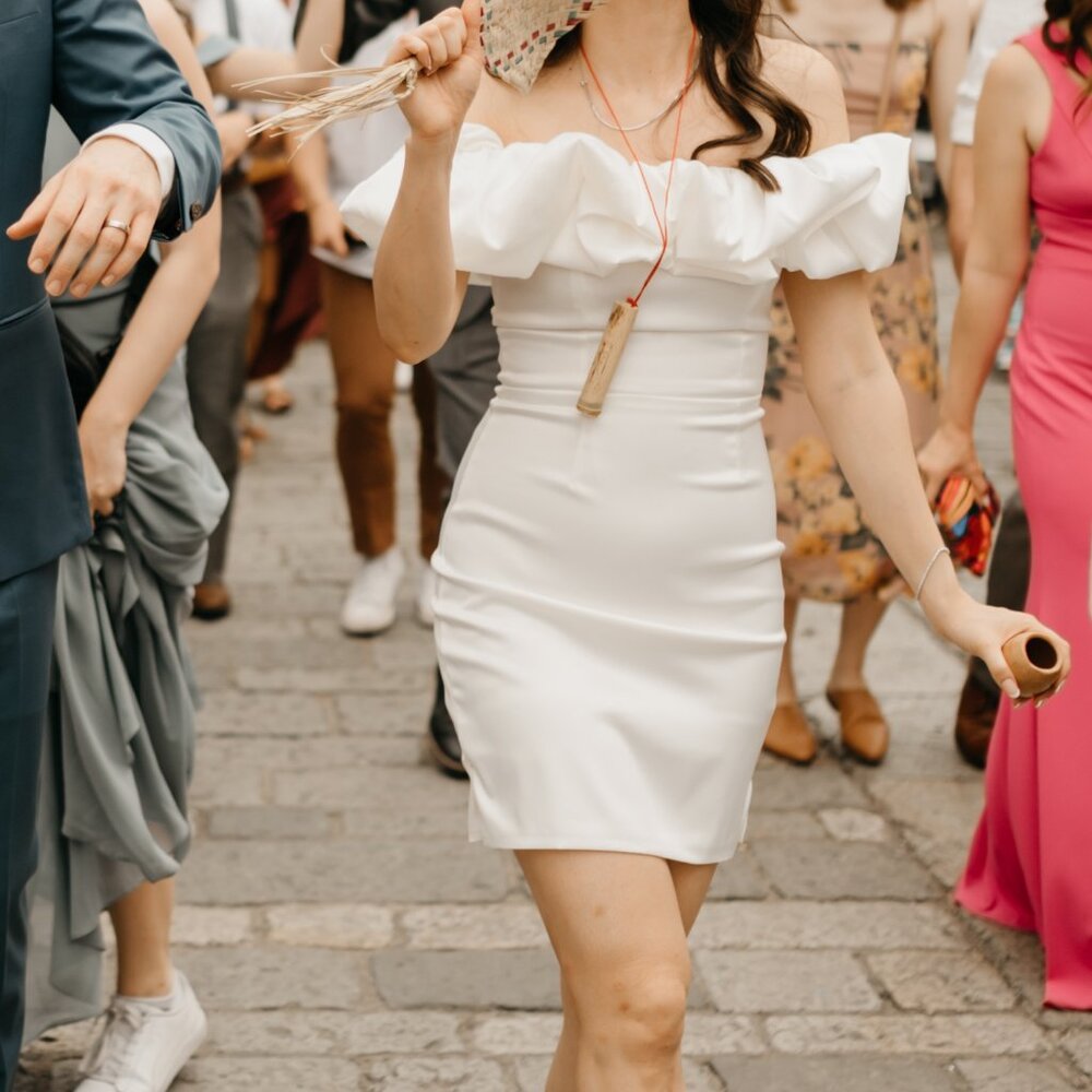 White satin off-shoulder mini dress